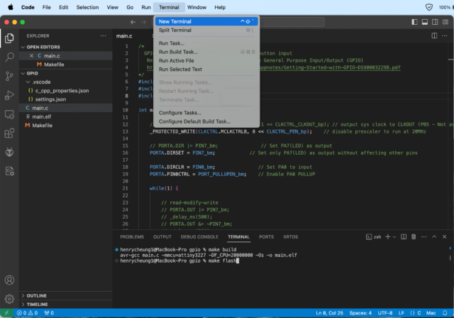 vscode terminal screen for running make command